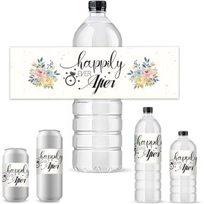 PH PandaHall 30pcs Water Bottle Labels for Wedding, Happily Ever After Bottle Stickers Flower Diamond Ring Adhesive Waterproof Decoration for Party, 8.5x2.5 inch