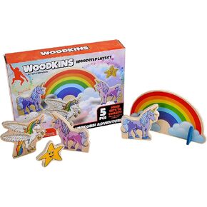 Wild Republic ، Woodkins Unicorn Wooden Playset ، هدية للأطفال ، رائعة للعب المبتكرة ، الصديقة للبيئة ، مجموعة من خمس قطع محاصر