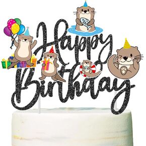 Sea Otter Happy Birthday Cake Topper Gold Glitter Sea Animal Birthday Party Decorations Sea and River Little Otter Theme Cake Decorations for Ocean Sea Aniaml Party Baby Shower Supplies