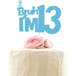 XIUHUBA Bruh I'm 13 Cake Topper, Happy 13th Birthday Cake Decor, Kids Boys 13th Birthday Party Decorations, Funny Thirteen Years Old Birthday Party Supplies Blue Glitter