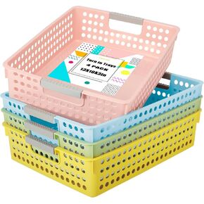 Turn in Trays Classroom,4 Pack Paper Trays for Classroom,Plastic Storage Baskets with Handles,Colorful Classroom Organization and Storage Paper Tray Holds for Drawers, Office, Home(4 Color B)