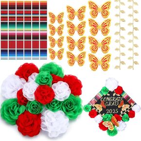 37 Pcs DIY Mexican Graduation Cap Decorations Accessory Kit Include Chiffon Flower Heads 3D Butterfly Mexican Striped Sticker Gold Leaves Graduation Cap Decoration DIY Decor (White)