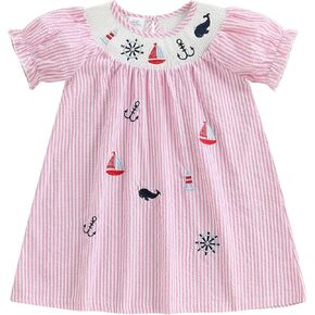 Toddler Girl Christmas Dress Santa Embroidery Short Sleeve Princess Dress + Headband Smocked Baby Girl Clothes