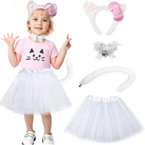 Cat Kitty Ears Costume 4 Sets Kit Headband Tail Tie Skirt for Kid Girl Halloween Cosplay