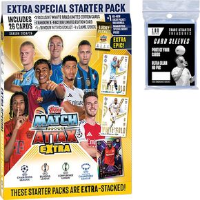 تتوافق Topps Match Attax Extra Soccer Cards 24/25 Starter Pack + 100 واقية ، تشمل 30 بطاقة ، موثق ، 2 من الذهب الأبيض الحصري ، 1 X Factor LE