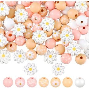 Buryeah 200 Pcs Daisy Flower Wooden Beads 16mm Daisy Round Beads 20mm Rustic Farmhouse Colorful Floral Charms for Summer DIY Crafts Jewelry Garland Handmade Making
