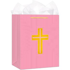 FLYAB First Communion Gifts Bags for Girls Boys 11.5" Gold Cross Gift Bag with Handle Baptism Gift Bag with Tissue Paper for Christenings Confirmations Religious Weddings Gifts