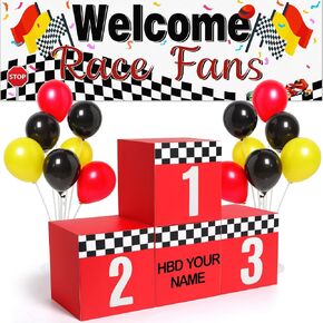 70 Pcs Racing Car Party Decoration, Large Racing Checkered Boxes with Balloons Sticker Banner for Race Car Birthday Party Favors Supplies Truck Theme Race Car Podium Centerpiece Decoration