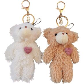 2 PCS Bear Plush Keychain ، Pleat Pear Pear محشو بالحيوانات مع هدية عيد ميلاد Heart Pink Heart للأطفال (Brown White)