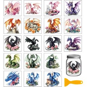 Globleland 18 Sheets Fantasy Dragon Transfer Stickers 3.9x3.6inch Flower Flower Colorful Secal Castle Rust on Transfor