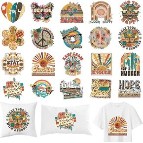 Hippie Iron on Transfers, 12 PCS DTF Transfers Ready to Press Iron on Patch Applique Decals, Retro Heat Transfer Vinyl for T-Shirts Bag Clothing DIY Crafts