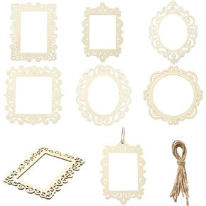 KitBeads 12Pcs 6 Styles Unfinished Wood Photo Frames Hollow Oval Rectangle Cutouts Vintage Wood Picture Frames with Hemp Rope for Crafts Wallet Home Decor