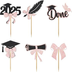 24pcs 2025 التخرج كب كيك القبعات العليا ، Glitter Black & Pink Grad Cap Cup Cake Cakes Class of 2025 Cake Topper for Cregmens Party Supplies Photo Photo Photo
