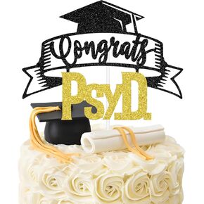 Congrats Psy.D. Cake Topper, Congrats Grad/Doctor of Psychology Cake Decor, Class of 2025 Doctorate Degree College Graduation Party Decorations Supplies Black and Gold Glitter