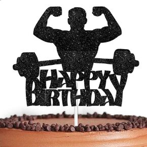 Black Glitter Weightlifting Men Happy Birthday Cake Topper Cheer to Gym Fitness Weight Lifting Sports Theme Decorations Men Boys Birthday Anniversary Party Decor Supplies