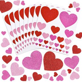 Whaline Valentine Glitter Heart Stickers 3 Colors Adhesive Decals Red Pink Daily Decorative Assorted Size Envelopes Stickers for Wedding Holiday Graduation Birthday Party Supplies, 10 Sheets