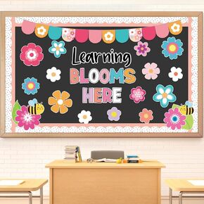 Spring Bulletin Board Set Colorful Floral Bee Cutouts Learning Blooms Here Classroom Decoration for Kindergarten School Chalkboard Wall Decor