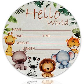 Animals Hello World Newborn Sign, Baby Announcement Sign for Newborn Boys and Girls, Nursery Wall Décor, Baby Name Sign, Animals Theme Birch Wood 6 inch Circle Board Birth Stat Sign, Newborn Gifts