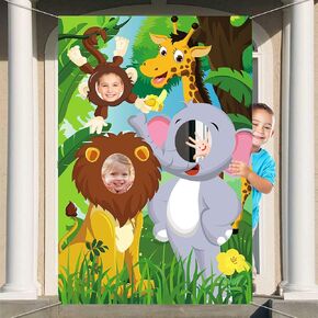 HOWAF Jungle Safari Wild One Animals Birthday Party Photo Prop - Large Fabric Backdrop Door Banner, Funny Animals Face in Hole Game for Jungle Safari Party Decorations