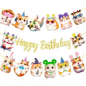 Umoni Hamster Birthday Banner - Gold Glitter Party Supplies for Guinea Pig Themed Baby Shower and Kids Birthday Decorations