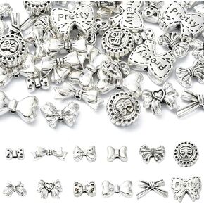 Danlingjewelry 60pcs 12 Styles Silver Bowkont Spacer Beads Tibetan Bow Tie Beads for Jewelry Making DIY