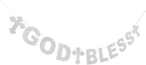 LINGTEER God Bless Silver Glitter Bunting Banner Perfect for Baby Shower First Birthday Baptism Christening Party Gift Decorations. in Saudi Arabia