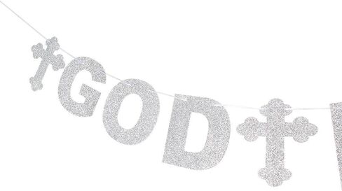 LINGTEER God Bless Silver Glitter Bunting Banner Perfect for Baby Shower First Birthday Baptism Christening Party Gift Decorations. in Saudi Arabia