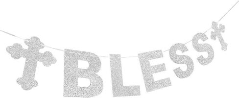 LINGTEER God Bless Silver Glitter Bunting Banner Perfect for Baby Shower First Birthday Baptism Christening Party Gift Decorations. in Saudi Arabia