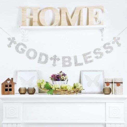 LINGTEER God Bless Silver Glitter Bunting Banner Perfect for Baby Shower First Birthday Baptism Christening Party Gift Decorations. in Saudi Arabia