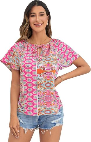 بلوزة صيفية للسيدات من SOLY HUX بطباعة زهور بوهو ورقبة على شكل فراشة وأكمام على شكل فراشة in Kuwait