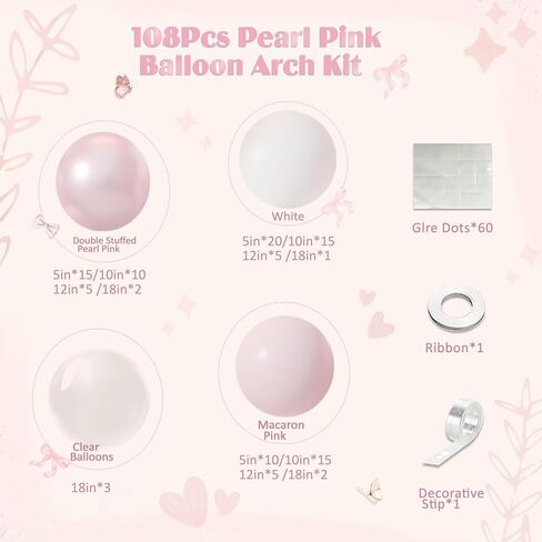 Pink Balloon Arch Kit, 108Pcs Double Stuffed Balloon Arch Garland Kit Include Pearl Pink Macaron Pink White Balloons Clear Balloons for Birthday Wedding Baby Shower Bridal Party Decorations in Kuwait