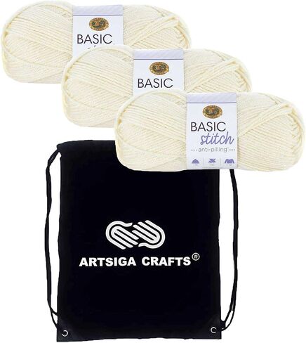 Lion Brand Basic Stitch White White 202-100 (3-skiins-نفس الصبغة) متوسطة الصوفية #4 خيوط أكريليك للكروشيه والحياكة مع حقيبة المشروع in Kuwait