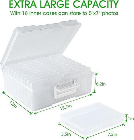 Photo Storage Box 5 x 7 Inches, 18 Inner Extra Large Photo Boxes with Dividers, Clear Acid-Free Photo Storage Containers with Handle, Photo Organizer Craft Keeper for Photo, Craft, Stamp in Saudi Arabia