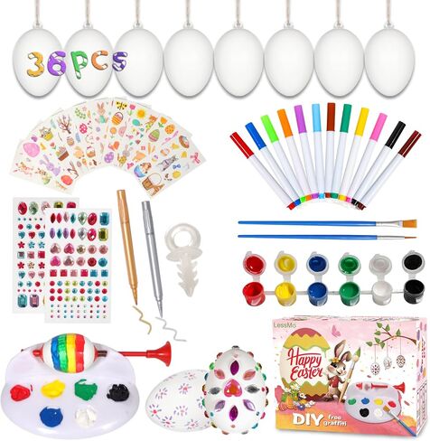 LessMo Easter Egg Decorating Kit, 36Pcs White Plastic Eggs with Dye Kit, Easter Tree Ornaments, Stickers for Kids, Hanging Plastic Eggs with Rope for Easter Decoration, Easter Egg Hunts in Kuwait