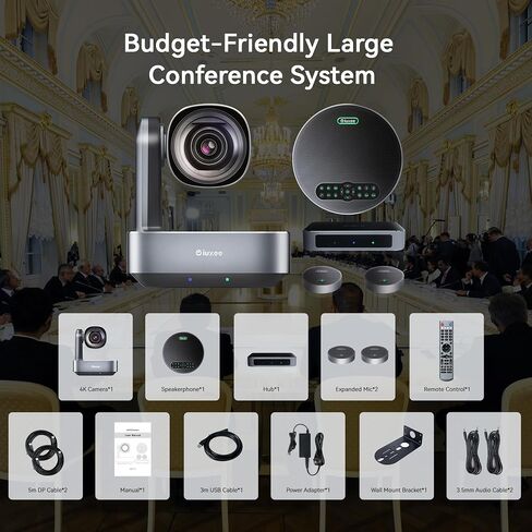 All-in-One PTZ 4K 12X Optical Zoom Video Conference Room Camera System with Bluetooth Speakerphone 2 Expansion Mics HDMI 78° Wide View Angle Lens Works with Zoom Webex for Large Meeting Room in Kuwait