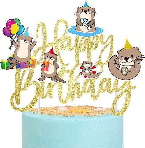Sea Otter Happy Birthday Cake Topper Gold Glitter Sea Animal Birthday Party Decorations Sea and River Little Otter Theme Cake Decorations for Ocean Sea Aniaml Party Baby Shower Supplies in Saudi Arabia