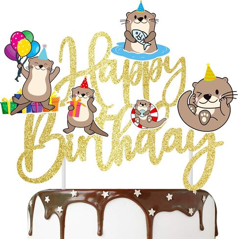 Sea Otter عيد ميلاد سعيد كعكة Topper Gold Glitter Sea حيوان عيد ميلاد ديكورات حفلة البحر ونهر Otter القليل من الزخارف كعكة للبحر المحيط Aniaml Party Supplies Supplies in Saudi Arabia