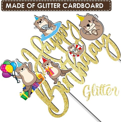 Sea Otter Happy Birthday Cake Topper Gold Glitter Sea Animal Birthday Party Decorations Sea and River Little Otter Theme Cake Decorations for Ocean Sea Aniaml Party Baby Shower Supplies in Saudi Arabia