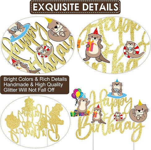 Sea Otter عيد ميلاد سعيد كعكة Topper Gold Glitter Sea حيوان عيد ميلاد ديكورات حفلة البحر ونهر Otter القليل من الزخارف كعكة للبحر المحيط Aniaml Party Supplies Supplies in Saudi Arabia