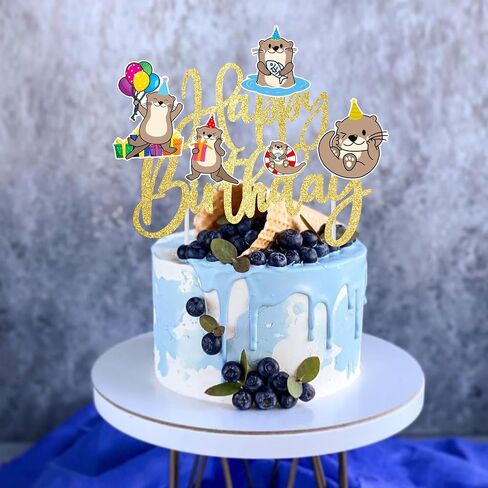 Sea Otter Happy Birthday Cake Topper Gold Glitter Sea Animal Birthday Party Decorations Sea and River Little Otter Theme Cake Decorations for Ocean Sea Aniaml Party Baby Shower Supplies in Saudi Arabia