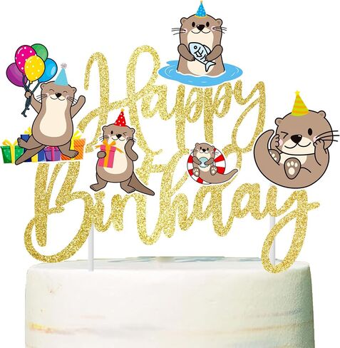 Sea Otter عيد ميلاد سعيد كعكة Topper Gold Glitter Sea حيوان عيد ميلاد ديكورات حفلة البحر ونهر Otter القليل من الزخارف كعكة للبحر المحيط Aniaml Party Supplies Supplies in Saudi Arabia