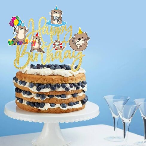 Sea Otter عيد ميلاد سعيد كعكة Topper Gold Glitter Sea حيوان عيد ميلاد ديكورات حفلة البحر ونهر Otter القليل من الزخارف كعكة للبحر المحيط Aniaml Party Supplies Supplies in Saudi Arabia
