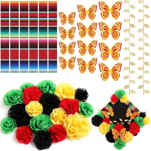 37 PCS DIY Mexican Cap Cap Decorations Kit Comphal Complets Chiffon Flower Heads 3D Butterfly Mexican Mexican Striped Leaves Gold Leaves Cap Decoration Diy Decor (White) in Saudi Arabia