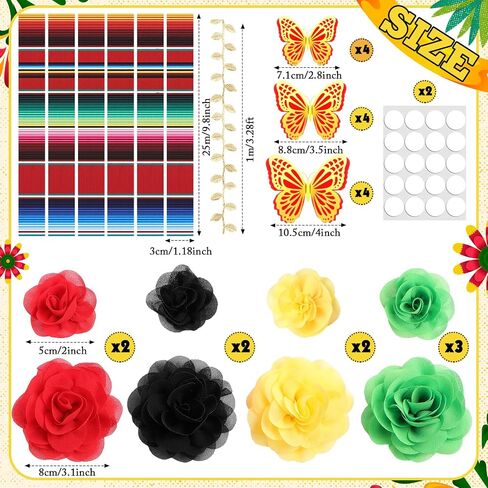 37 PCS DIY Mexican Cap Cap Decorations Kit Comphal Complets Chiffon Flower Heads 3D Butterfly Mexican Mexican Striped Leaves Gold Leaves Cap Decoration Diy Decor (White) in Saudi Arabia