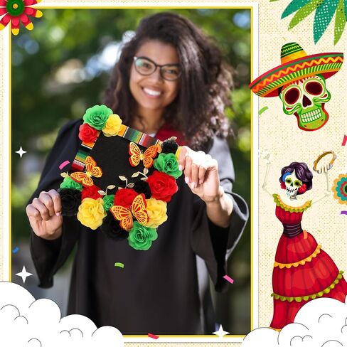 37 PCS DIY Mexican Cap Cap Decorations Kit Comphal Complets Chiffon Flower Heads 3D Butterfly Mexican Mexican Striped Leaves Gold Leaves Cap Decoration Diy Decor (White) in Saudi Arabia