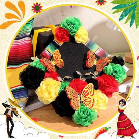 37 PCS DIY Mexican Cap Cap Decorations Kit Comphal Complets Chiffon Flower Heads 3D Butterfly Mexican Mexican Striped Leaves Gold Leaves Cap Decoration Diy Decor (White) in Saudi Arabia