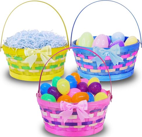 TURNMEON 3 Pcs Easter Baskets for Kids, Colorful Bamboo Woven Easter Egg Hunt Buckets with Handle, Easter Kids Multi Item Party Favor Packs for Picnic Preschool Classroom Prizes Spring Decor Gifts in Saudi Arabia