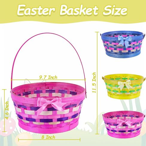 TURNMEON 3 Pcs Easter Baskets for Kids, Colorful Bamboo Woven Easter Egg Hunt Buckets with Handle, Easter Kids Multi Item Party Favor Packs for Picnic Preschool Classroom Prizes Spring Decor Gifts in Saudi Arabia