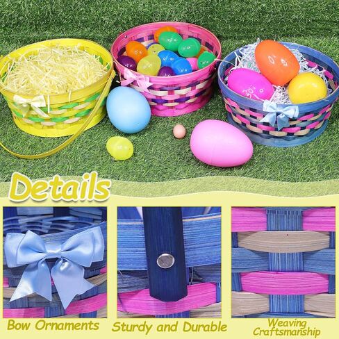 TURNMEON 3 Pcs Easter Baskets for Kids, Colorful Bamboo Woven Easter Egg Hunt Buckets with Handle, Easter Kids Multi Item Party Favor Packs for Picnic Preschool Classroom Prizes Spring Decor Gifts in Saudi Arabia
