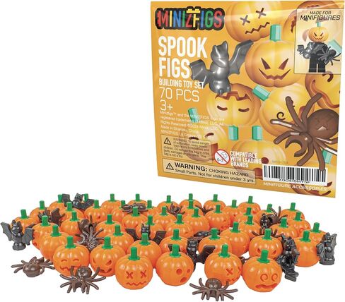 Halloween Spooky Pumpkin Set - 70 Piece Bulk Orange Jack-O-Lantern Pumpkins, Bats, Spiders Classic Building Toy Accessories for Lego Minifigures | Compatible with Most Major Brands in Saudi Arabia